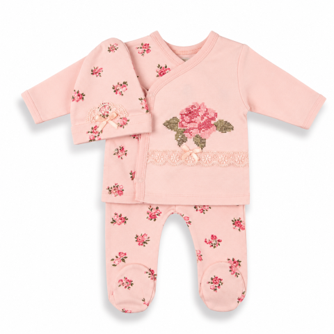 Set bebe, fetite, bumbac brodat Babyim 0-3 luni model floral, roz