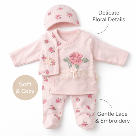 Set bebe bumbac brodat Babyim 0-3 luni model floral [1]