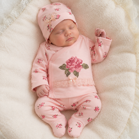Set bebe, fetite, bumbac brodat Babyim 0-3 luni model floral, roz [1]