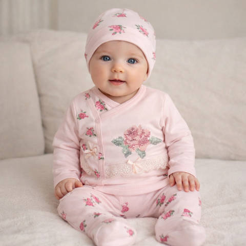 Imbracaminte - Set bebe bumbac brodat Babyim 0-3 luni model floral