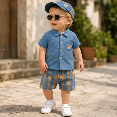 Set 2 piese camasa si pantaloni - Set bebe camasa albastra si pantaloni scurti citir