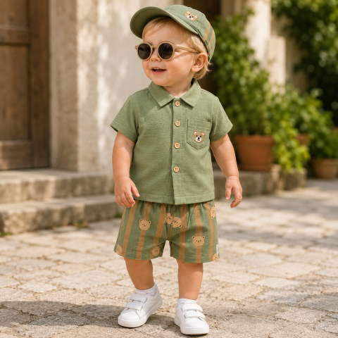 Set 2 piese camasa si pantaloni - Set bebe camasa verde si pantaloni scurti