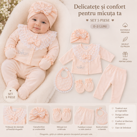 Set bebe Cayzen fetite 5 piese bluza pantaloni babetica manusi si caciula roz 0-3 luni [1]