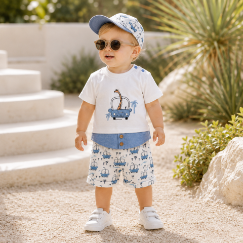 Set 2 piese tricou si pantaloni - Set bebe de vara tricou si pantaloni scurti babyim albastru