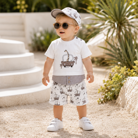 Set 2 piese tricou si pantaloni - Set bebe de vara tricou si pantaloni scurti babyim maro