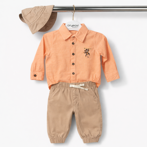 Set 3 piese - Set bebe elegant camasa body pantaloni si palarie Oryeda