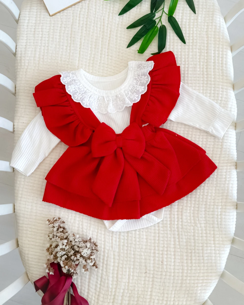 Set bebe fetita 2 piese body brodat si rochita rosie cu funda din bumbac [2]