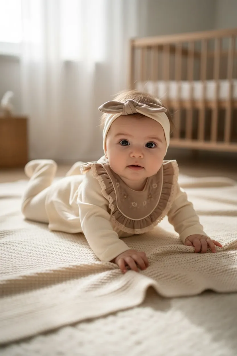 Set bebe fetite 3 piese bumbac 100% crem cu bentita 0-3 luni [2]