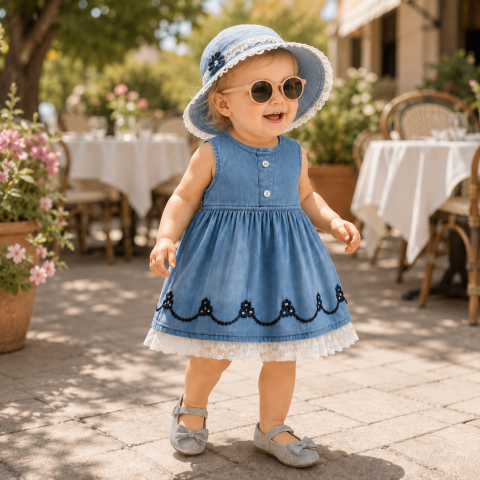 Set bebe rochie albastra din bumbac si pantofiori gri Oryeda [0]