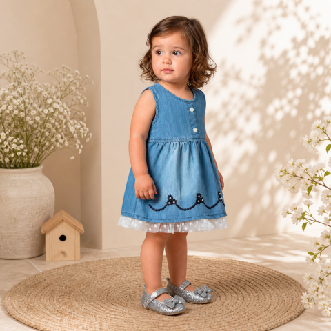Set rochita si pantofiori - Set bebe rochie albastra din bumbac si pantofiori gri Oryeda