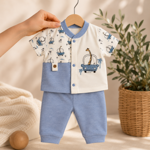 Set 2 piese tricou si pantaloni - Set bebe tricou si pantaloni lungi babyim albastru bumbac