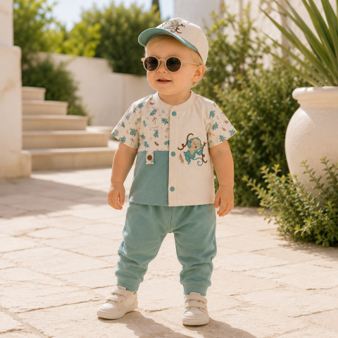 Set 2 piese tricou si pantaloni - Set bebe tricou si pantaloni lungi babyim cu maimutica
