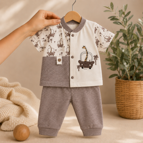 Set 2 piese tricou si pantaloni - Set bebe tricou si pantaloni lungi babyim gri bumbac