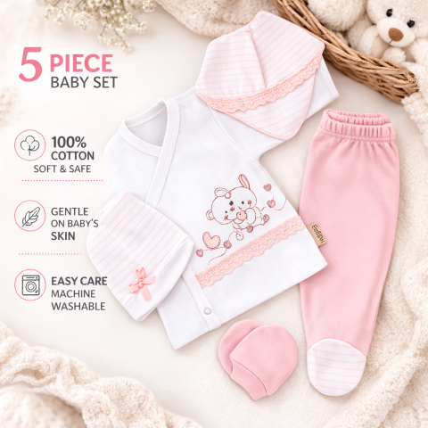 Set bebelusi 0-3 luni bumbac 5 piese urs roz [2]