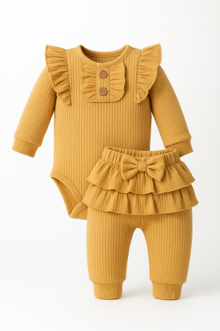 Set bebelusi 2 Piese – Body cu Volanase + Pantaloni cu Fundita [1]