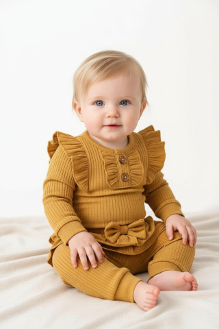 Set bebelusi 2 Piese – Body cu Volanase + Pantaloni cu Fundita [2]