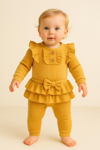 Imbracaminte - Set bebelusi 2 Piese – Body cu Volanase + Pantaloni cu Fundita