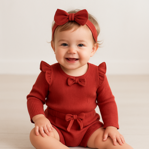 Set bebelusi 2 Piese – Body cu Volanase + Pantaloni cu Fundita - Rosu [1]