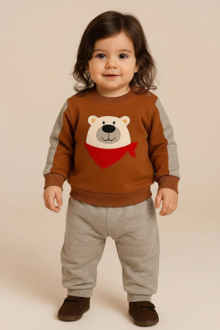 Set bluzita si pantaloni - Set bluzita cu pantaloni 100% Bumbac cu Ursulet Gules - Maro