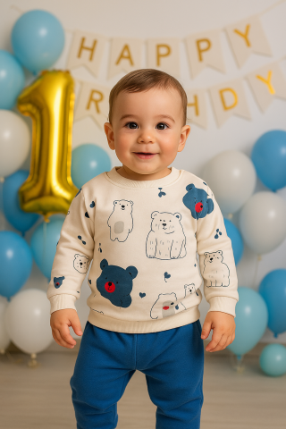 Set bluzita si pantaloni - Set bluzita si pantaloni din Bumbac cu Ursuleti Imprimati