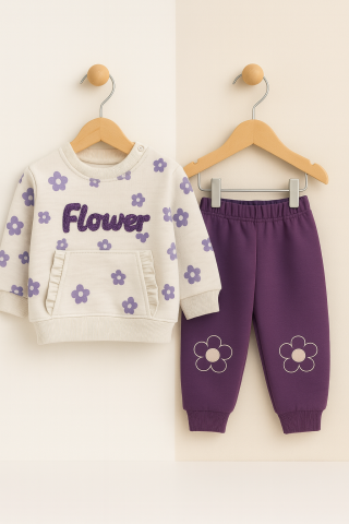 Set bluzita si pantaloni Flower 2 piese, crem mov [1]