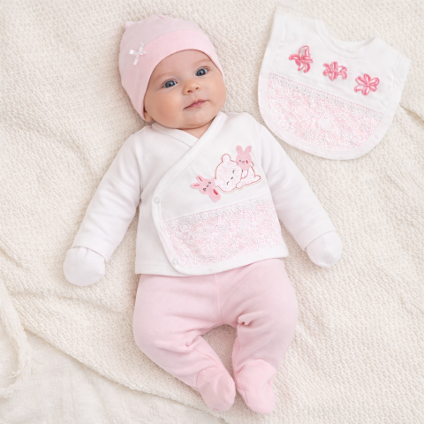 Seturi nou nascuti (0-3 luni) - SET BODY BEBELUS FETE 0-3 LUNI 5 PIESE CU FLORI ROZ