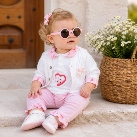 Set bluzita pantaloni si vesta - Set body maneca lunga, vesta si pantaloni fetite Babyim 100% bumbac roz 0-9 luni