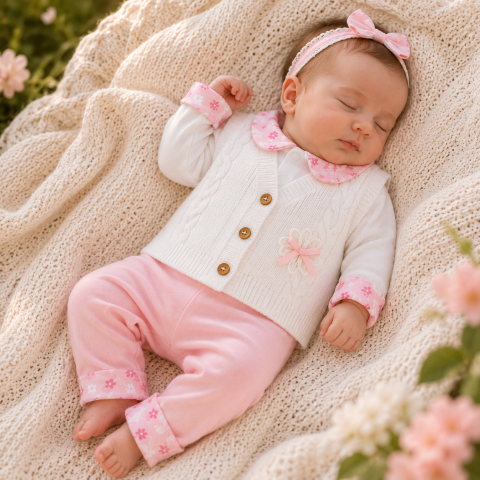 Imbracaminte - Set body maneca lunga, vesta si pantaloni fetite Babyim 100% bumbac roz 0-9 luni