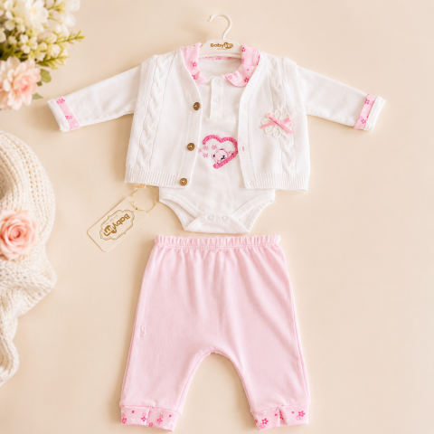 Set body maneca lunga, vesta si pantaloni fetite Babyim 100% bumbac roz 0-9 luni [2]