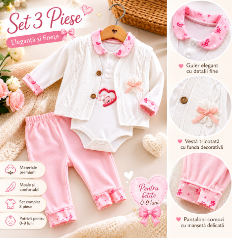 Set body maneca lunga, vesta si pantaloni fetite Babyim 100% bumbac roz 0-9 luni [1]