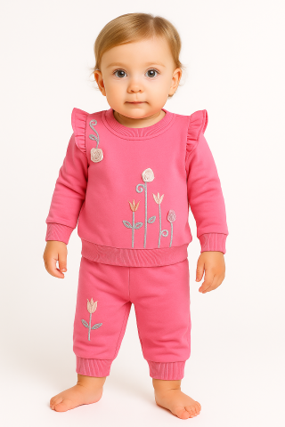 Imbracaminte - Set brodat cu flori 3D pentru fetite – bumbac 100% - ROZ