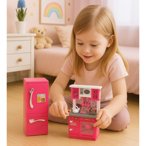 Electrocasnice si bucatarie - Set Bucatarie pentru Papusi cu Frigider si Cuptor, Accesorii Incluse, Roz