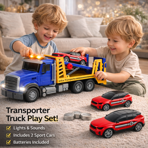 Set Camion Platforma Transportor Masina Lumini Sunete [5]