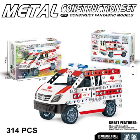 Blocuri de constructie - Set constructie metalic ambulanta, 314 piese, joc educativ STEM, dimensiuni asamblata: 18x7x10cm, pentru copii 8+ ani