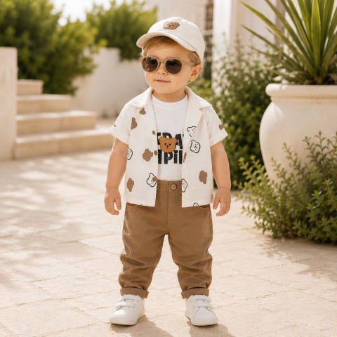 Set 3 piese camasa tricou si pantaloni - Set copii camasa maneca scurta maiou si pantaloni lungi bej