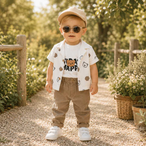 Set copii camasa maneca scurta maiou si pantaloni lungi bej [3]
