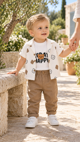 Imbracaminte - Set copii camasa maneca scurta maiou si pantaloni lungi bej  6-24 luni