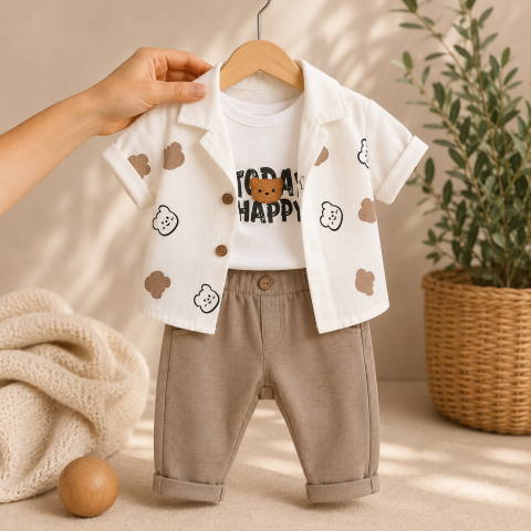 Set copii camasa maneca scurta maiou si pantaloni lungi bej [2]
