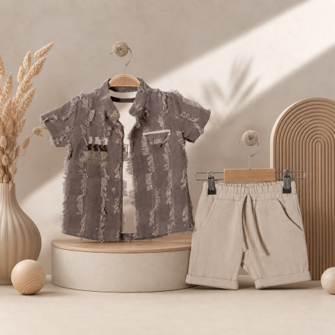 Set copii vara camasa tricou si pantaloni scurti bej texturat casual [2]