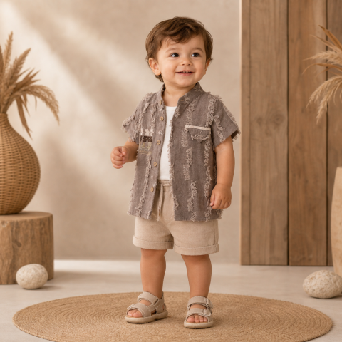 Set 3 piese camasa tricou si pantaloni - Set copii vara camasa tricou si pantaloni scurti bej texturat casual