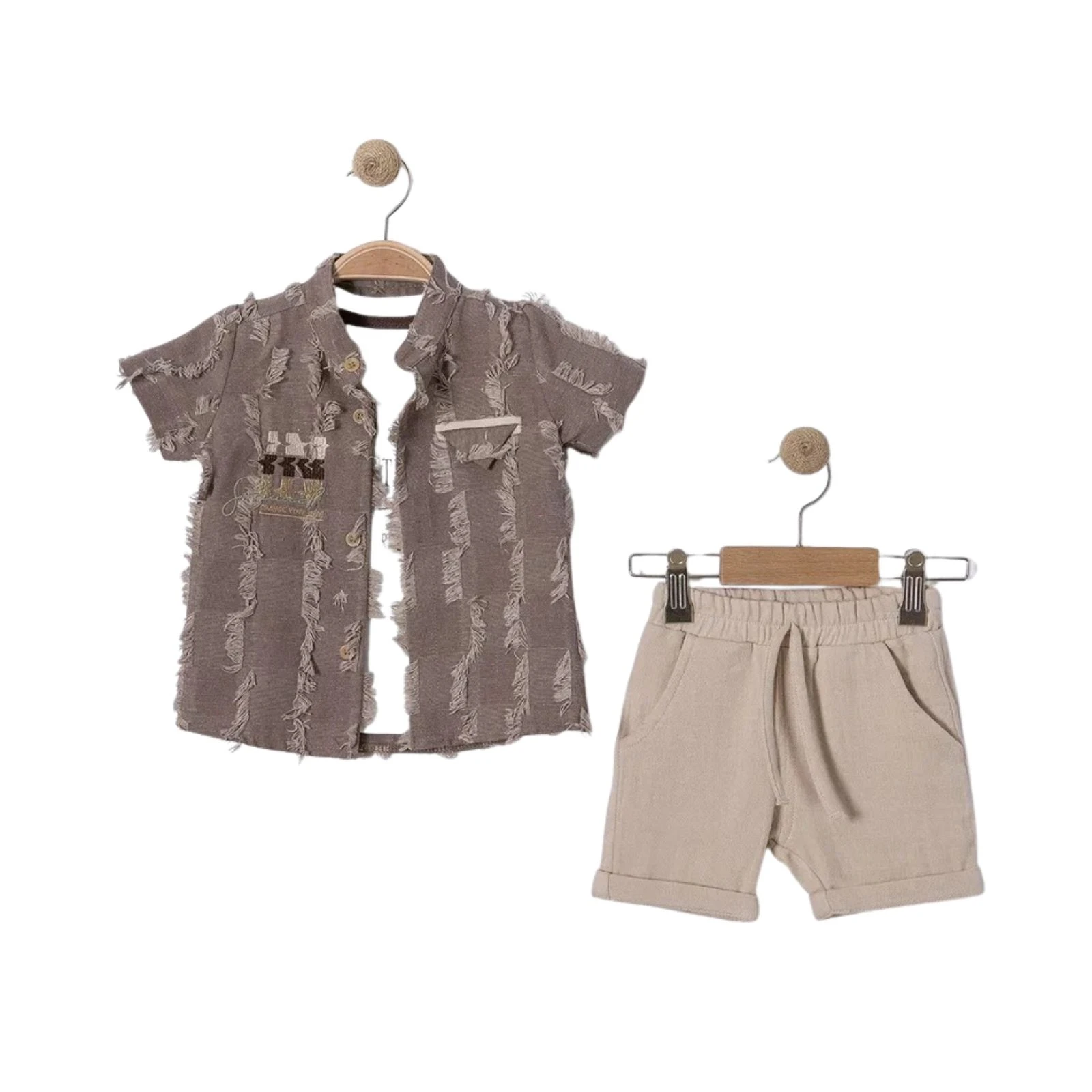Set copii vara camasa tricou si pantaloni scurti bej texturat casual [1]