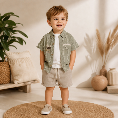 Set 3 piese camasa tricou si pantaloni - Set copii vara camasa verde tricou si pantaloni scurti bej texturat casual