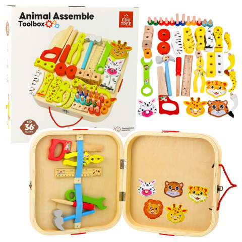 Jucarii - Set creativ din lemn cu animale de asamblat in valiza, 59 piese