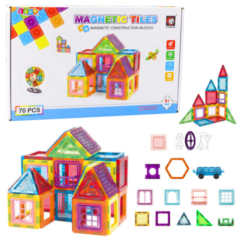 Jucarii - Set cuburi magnetice de construit, educative, colorate, 70 piese