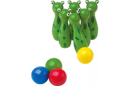Jucarii Copii - Set de bowling, din lemn cu popice in forme de broscute, Small Foot