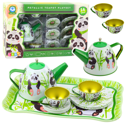 Jucarii - Set de Ceai Metalic Lean Toys cu 14 Piese, Tema Panda si Bambus, Verde, 3 ani+