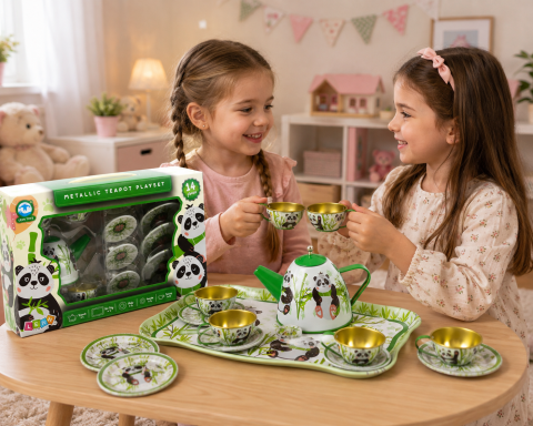 Set de Ceai Metalic Lean Toys cu 14 Piese, Tema Panda si Bambus, Verde, 3 ani+ [1]