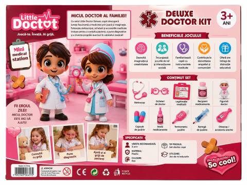 Set de doctor Little Doctor Deluxe roz cu accesorii medicale, stetoscop si ochelari, joc de rol pentru copii 3+ ani [2]