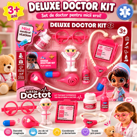 Set de doctor Little Doctor Deluxe roz cu accesorii medicale, stetoscop si ochelari, joc de rol pentru copii 3+ ani [1]