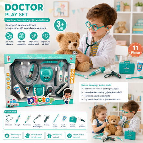 Seturi de doctor - Set de doctor stomatolog Doctor Play Set cu accesorii medicale, joc educativ pentru copii 3+ ani